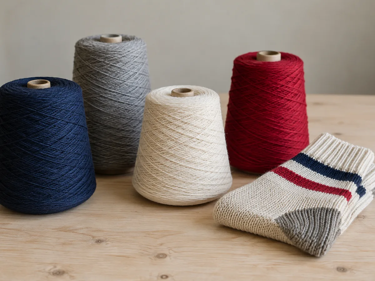 Cônes de fil de coton et échantillon de chaussette tricotée