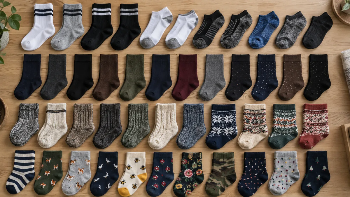Assortiment de chaussettes rangées par style, du sport au jacquard